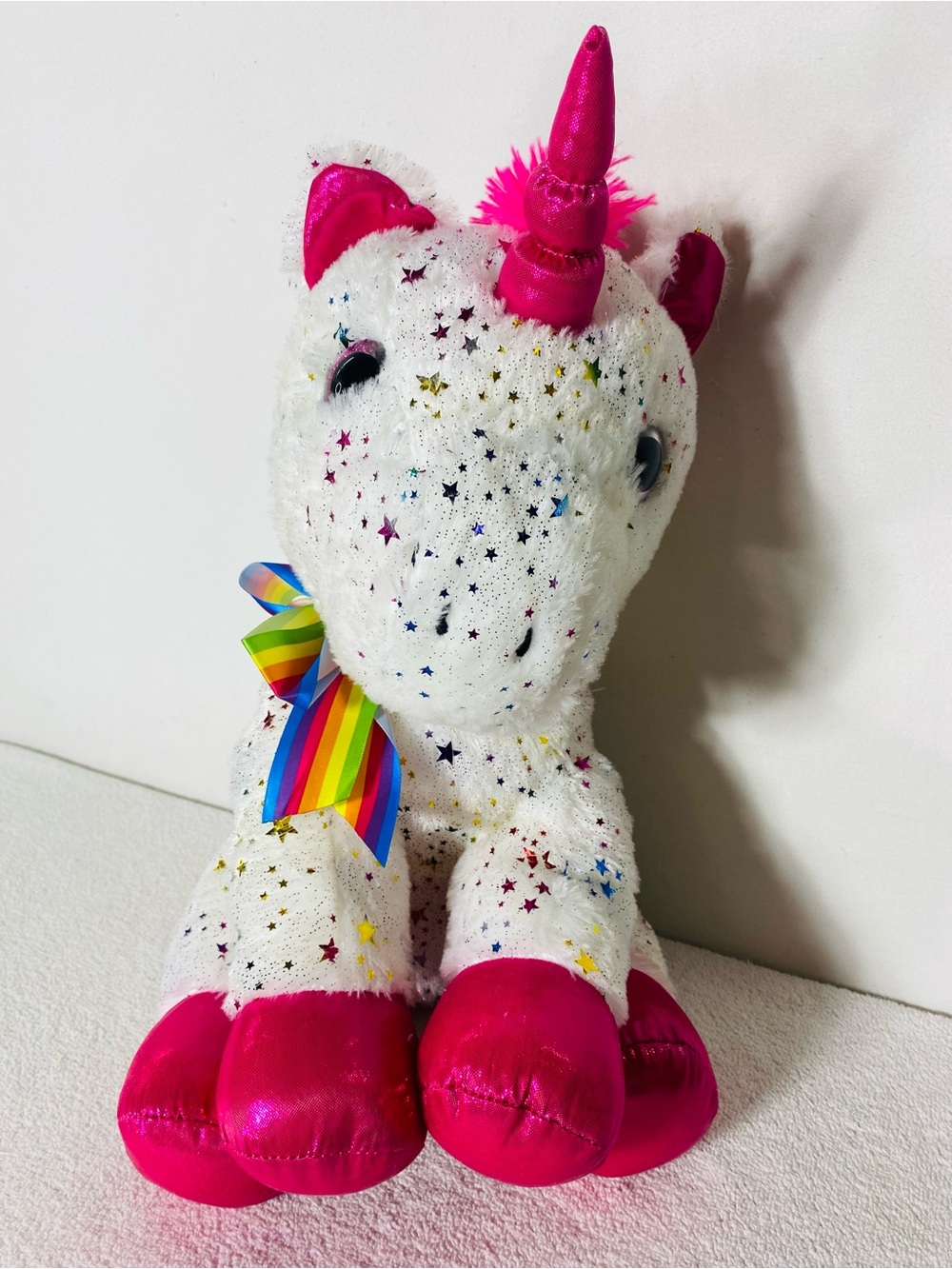 Toy Factory Large White Unicorn Plush Glitter Foil Stars Rainbow Bow